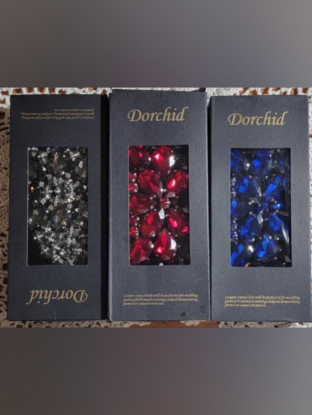 New Set of 3 Luxury Rhinestone RED, BLUE & GUNMETAL stretch Belts by Dorchid